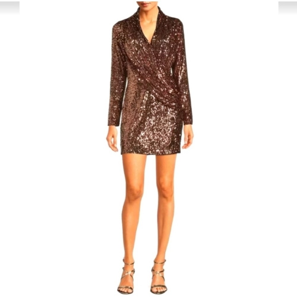 Badgley Mischka Juliana Copper Sequined Long Sleeve Mini Dress- NWT